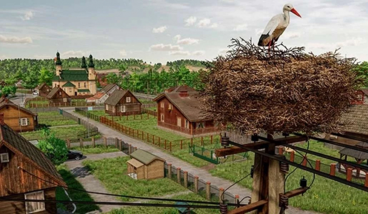 fs25-mods,  FS25 mod Zielonka Poland v1.2.1.1 features a scenic village with a stork nest in the foreground.