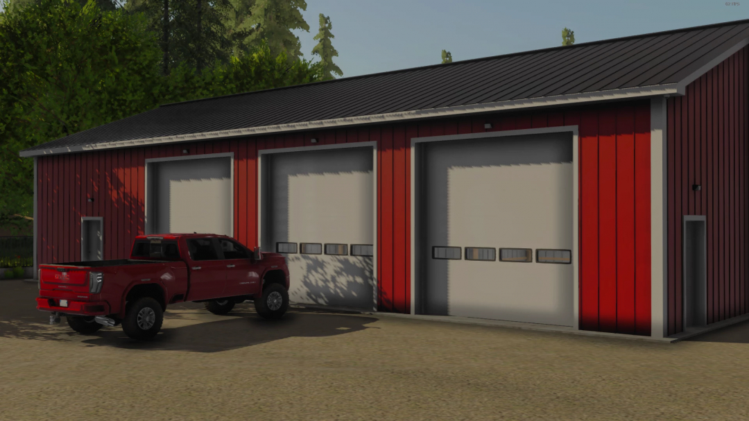 FS22 mod 2024 GMC Sierra 2500 v2.0.0.0 parked outside a red garage in Farming Simulator 22.