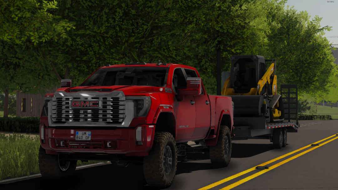 Red 2024 GMC Sierra 2500 towing equipment in FS22 mod scene.