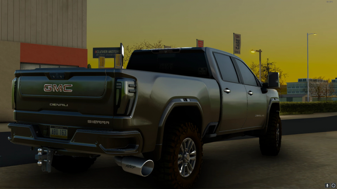 Rear view of 2024 GMC Sierra 2500 in FS22 mod, parked at dusk. Farming Simulator 22 mods.