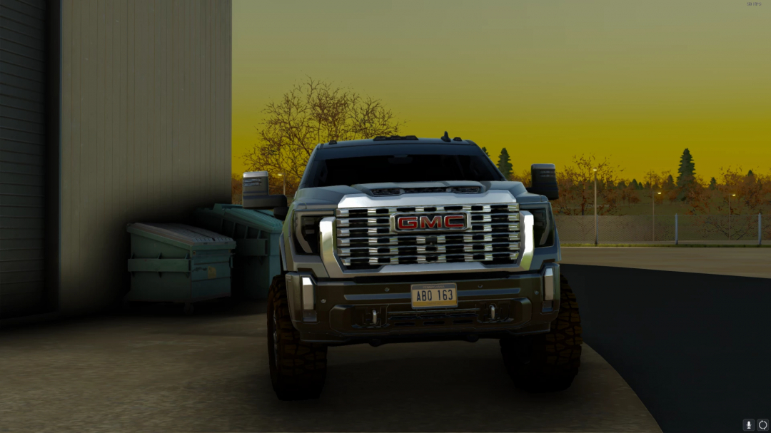 FS22 mod 2024 GMC Sierra 2500 v2.0.0.0 in a parking area at sunset in Farming Simulator 22.