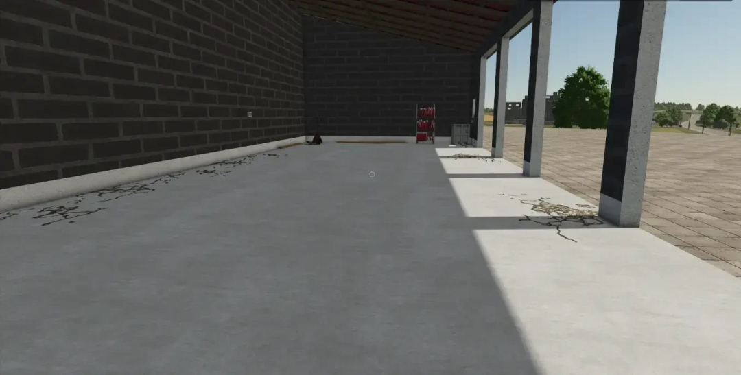 Widok wnętrza dużego garażu z ośmioma drzwiami w modzie FS25 8 Door Garage v1.0.0.0.