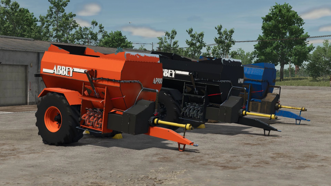 FS25 mods: Three Abbey AP 900 spreaders in orange, black, and blue parked outside.