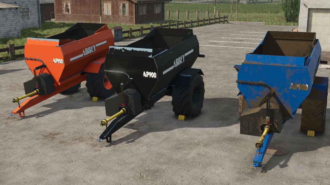 FS25 Abbey AP 900 mod, three colored trailers in orange, black, and blue on a farm.