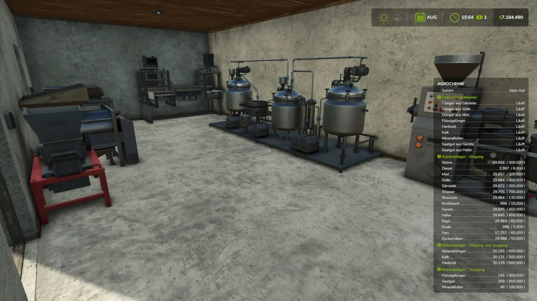 FS25 mod Agricultural chemistry v1.0.0.0: industrial room with machinery and containers for chemical processing in Farming Simulator 25.