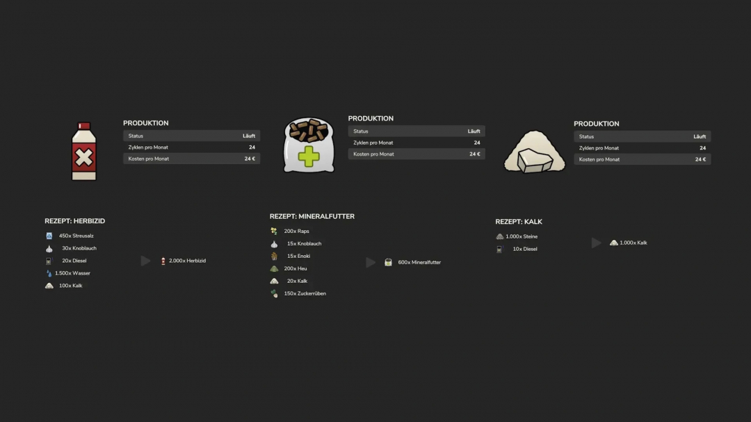 FS25 mod Agricultural chemistry v1.0.0.0 showing herbicide, mineral feed, and lime recipes and production details.