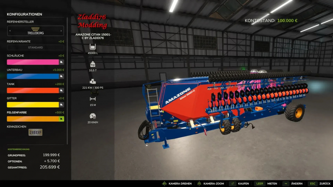 FS25 mod Amazone Citan 15001-C in a virtual garage, showing customization options and specifications.