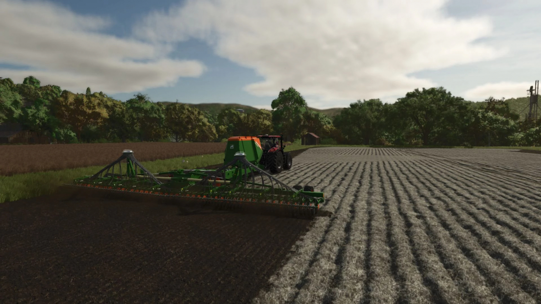 Amazone Citan 15001C DS Multifruit mod in FS25 game, showing a tractor seeding a field, surrounded by lush greenery.