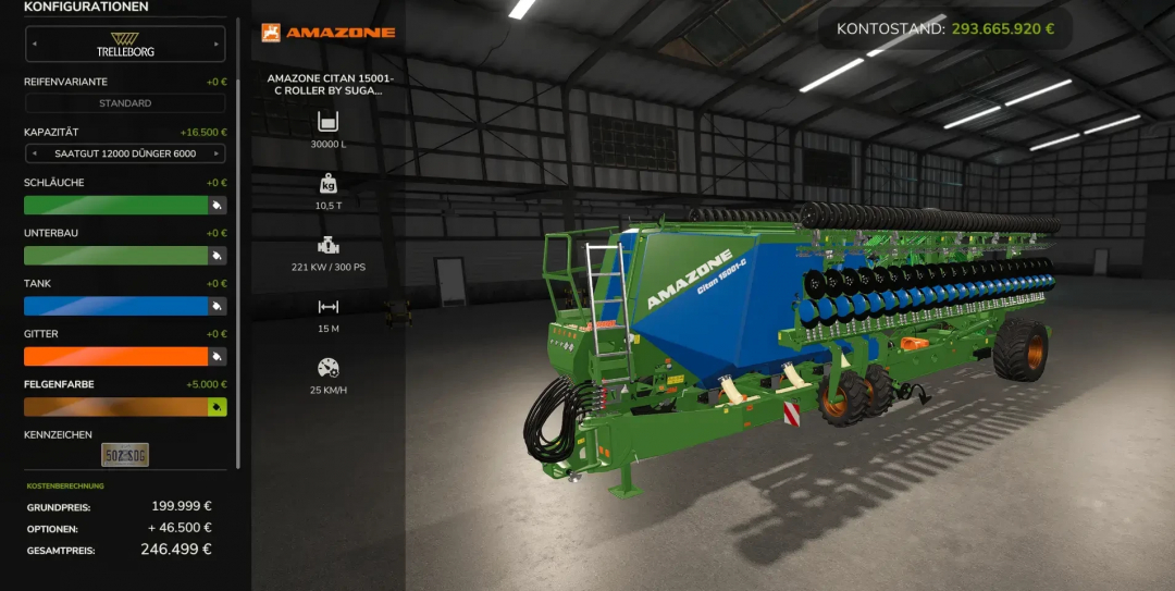 Amazone Citan 15001 C mod in FS25, showcasing configuration options and cost details for Farming Simulator 25 gameplay.