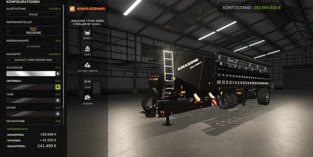 FS25 mod Amazone Citan 15001 C v1.0.0.1 in a virtual garage, showcasing configuration options and specs.