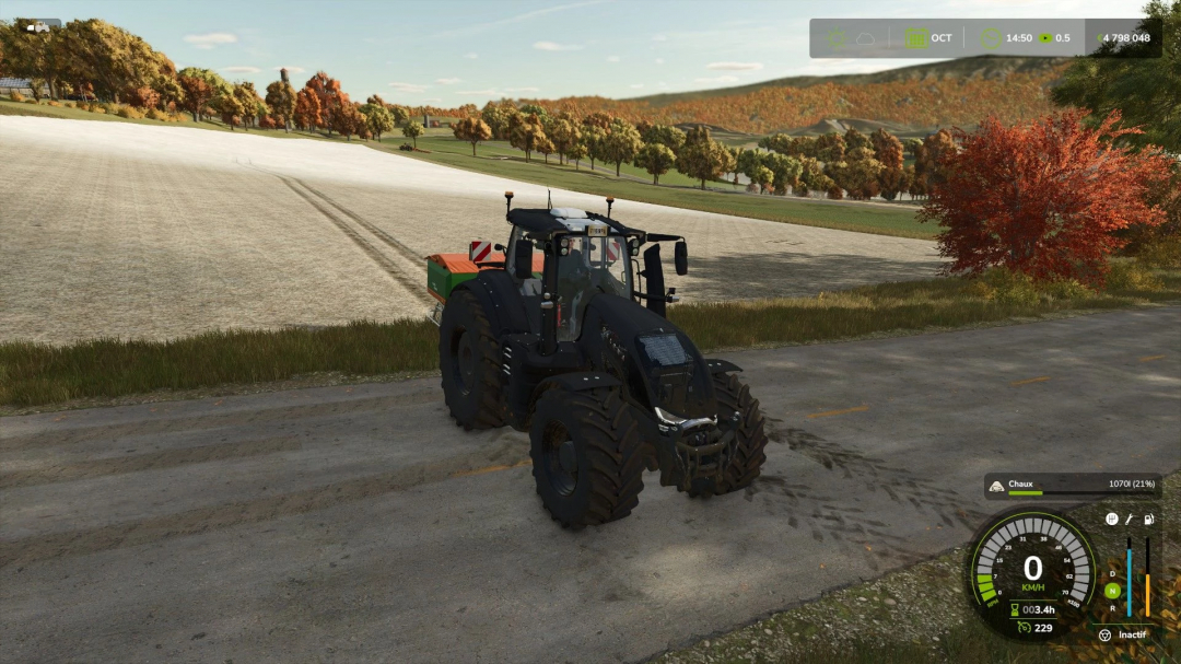 FS25 mod Amazone zats 3200 200 M tractor on a fall landscape, showcasing vehicle details.