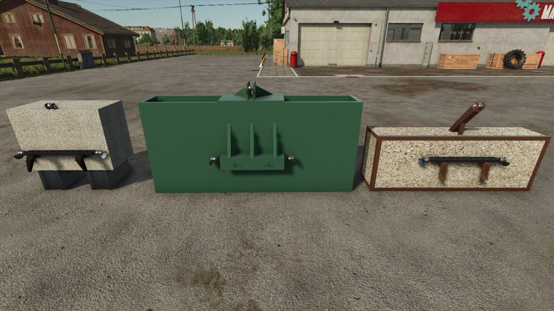 Artisanal Weight v1.0.0.0 mod in Farming Simulator 25, showcasing three weight variations.