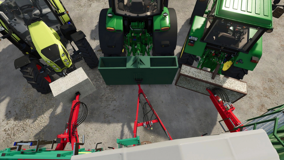 Top view of three tractors with artisanal weights mod in FS25, showcasing different attachments.