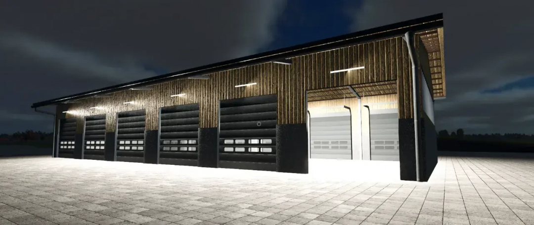 FS25 AustriaModding Drive-through hall mod featuring a modern garage with multiple doors, illuminated at night.