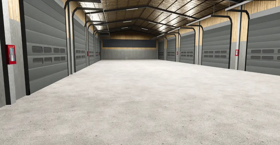 Interior of AustriaModding Drive-through hall in FS25 mod, featuring spacious design with multiple large garage doors.