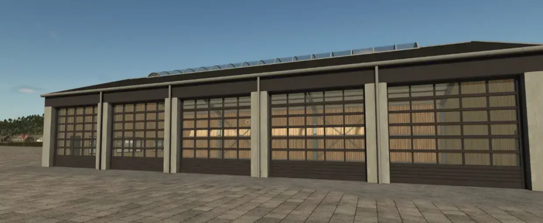 FS25 Austriamodding Machineshed Pack v1.0.0.0 showing a large modern shed with glass doors.