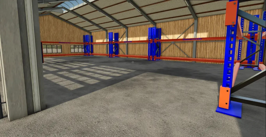 Interior of Austriamodding Machineshed Pack v1.0.0.0 in FS25 showing empty warehouse with blue and orange metal racks.