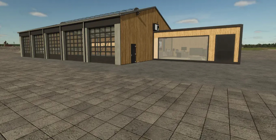 FS25 mod Austriamodding Machineshed Pack showing modern shed with large glass panels.