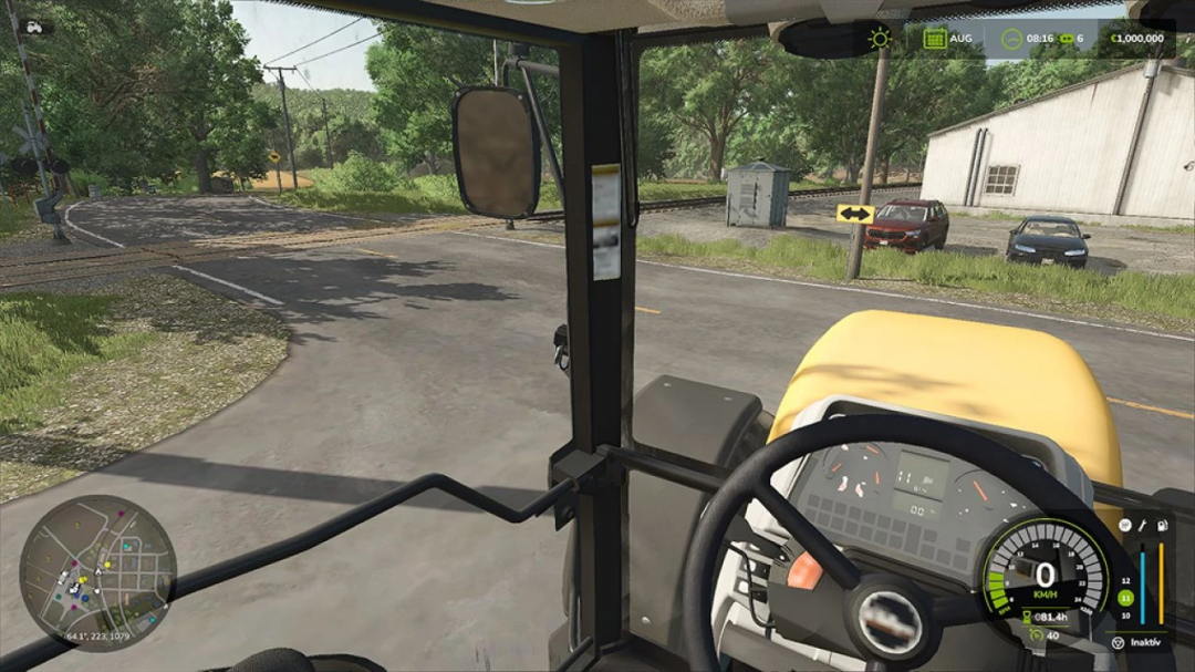 FS25 AutoLook Around mod v1.1.0.0 view from inside tractor cab near train tracks.