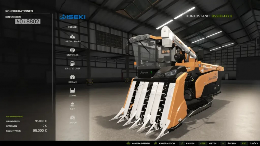 Image of FS25 mod Better RICE HARVESTER ISEKI HJ6130 v1.0.0.0 showing a detailed view of the harvester in a virtual garage.