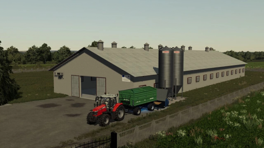 FS25 mod Big Chicken Barn v1.0.0.0 with a tractor and trailer parked outside on a farm.