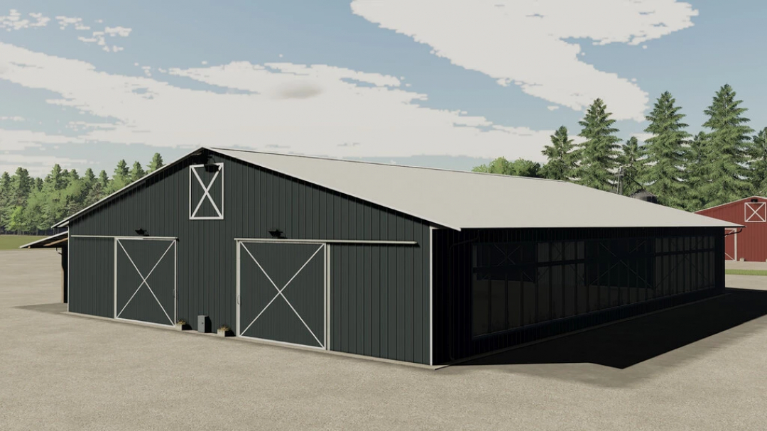 Big Metal Shed v1.0.0.0 mod for FS22, featuring a large gray storage building in a farm setting.