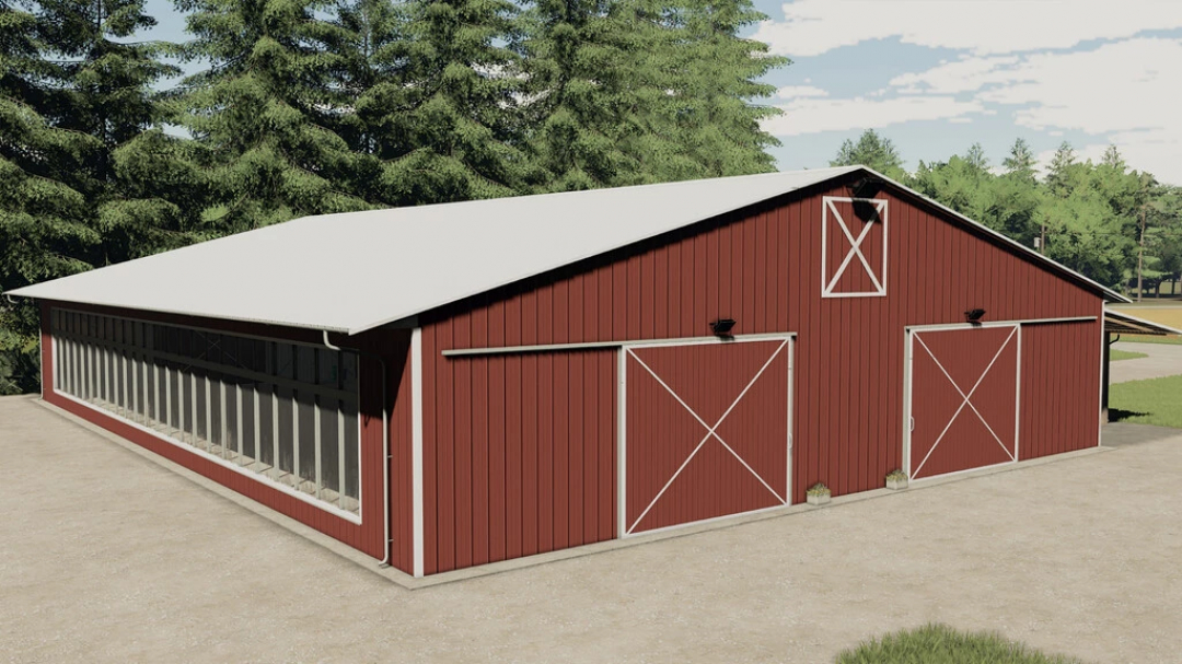 FS22 mod Big Metal Shed v1.0.0.0, a red barn with white roof, surrounded by trees in Farming Simulator 22.