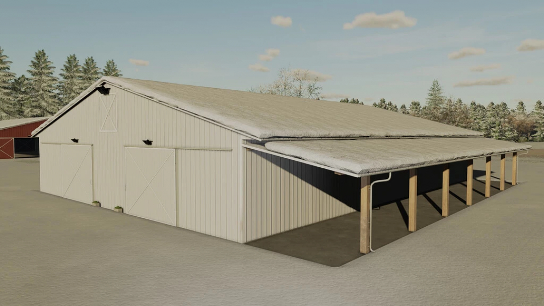 FS22 Big Metal Shed mod v1.0.0.0 for Farming Simulator 22, featuring a large storage building with a snowy roof.