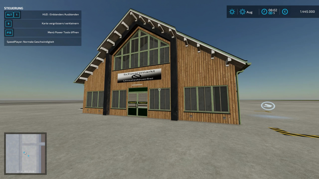 Black market sales station mod in FS25, showcasing a wooden building structure.