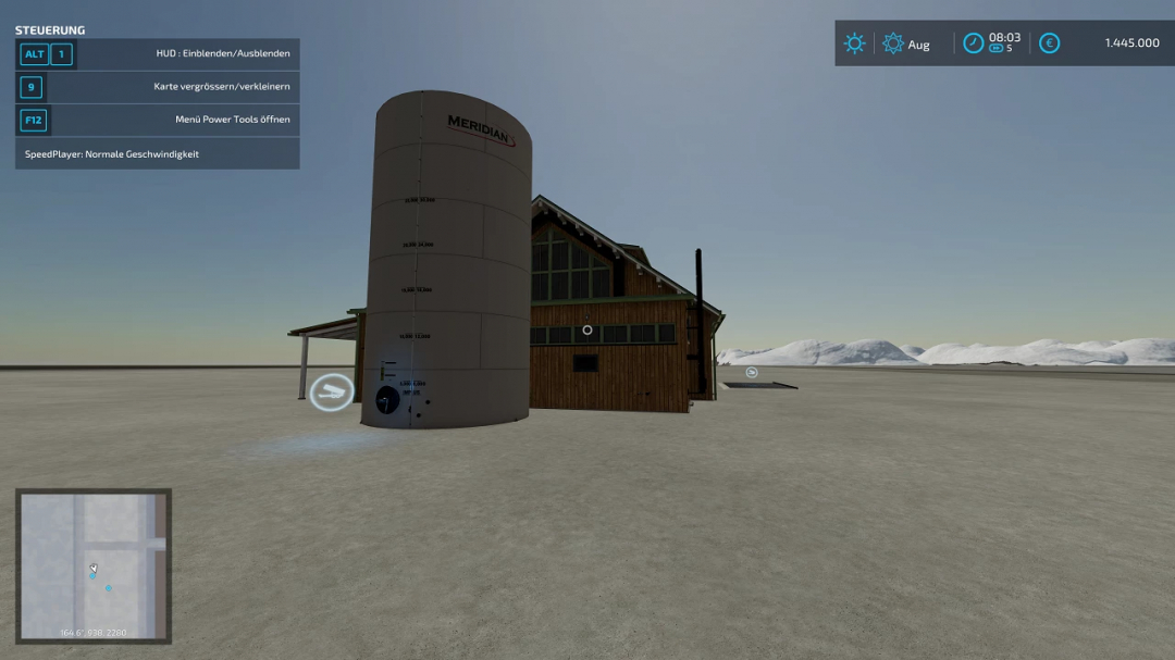 Black market sales station mod for FS25 showing silo and building with snowy mountains in background.