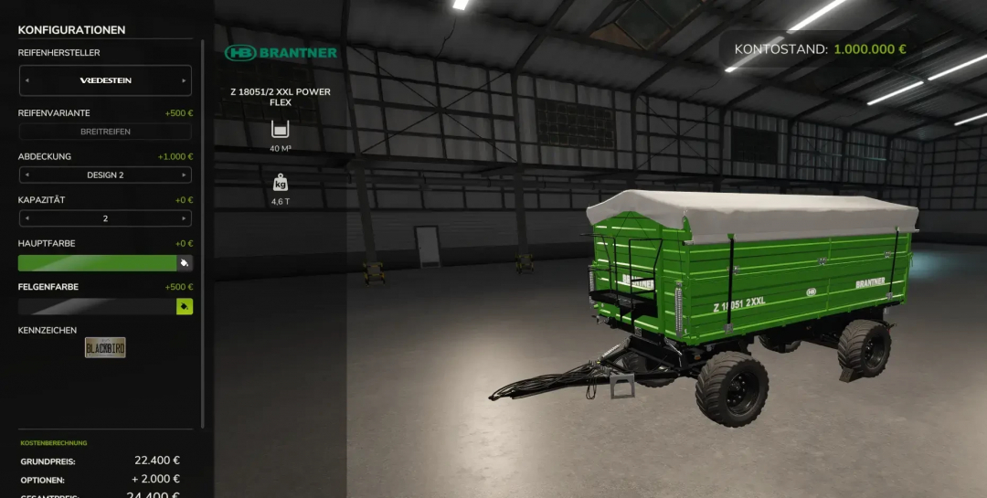 FS25 mod Brantner Pack Edit Black Bird v1.0.0.0 mostrando opções de personalização para um reboque verde em uma garagem de fazenda.