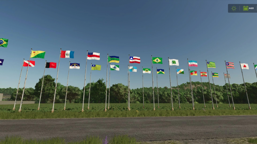 Imagen del mod FS25 con varias banderas de estados brasileños en un paisaje de juego.