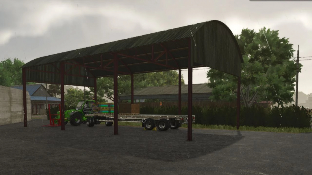 FS25 mod image: British Farm Pack v1.0.0.0 showing a farm shed with equipment and a trailer under a cloudy sky.