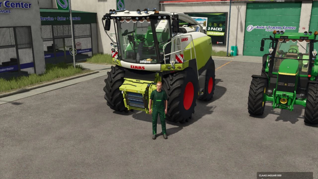 CLAAS Jaguar Pack Edit v1.0.0.0 mod in FS25 showcasing a CLAAS Jaguar harvester with a farmer in front, at a service center.