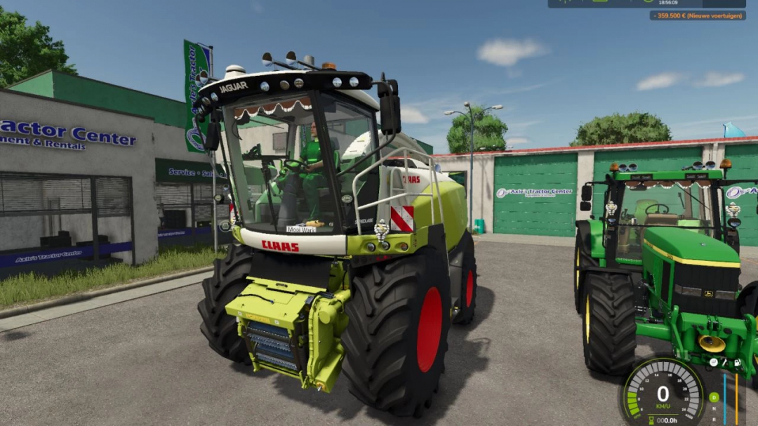 FS25 mod CLAAS Jaguar harvester outside tractor center.