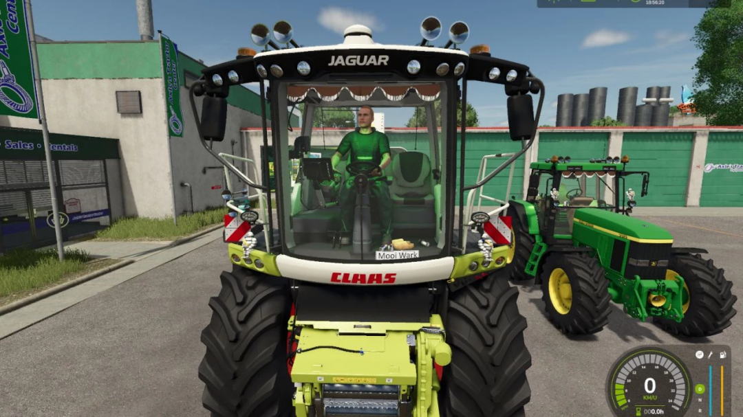 FS25 mods CLAAS Jaguar Pack Edit v1.0.0.0 shown with driver in Farming Simulator 25.