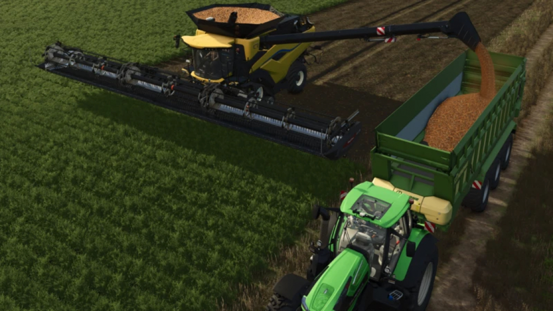 FS25 mod 'CR11 Multifruit V1.0.0.0' features a harvester unloading grain into a trailer in a field.