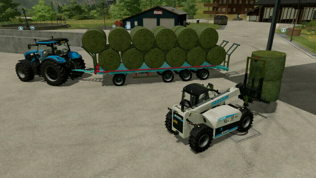 FS22 mods: CSZ Pack v2.1.1.2 features tractor loading hay bales. Farming Simulator 22 equipment in action.