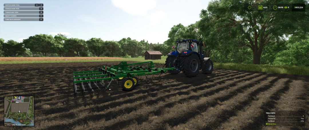 FS25 mods: Case Puma Blue Power tractor with John Deere plow on a field in Farming Simulator 25.