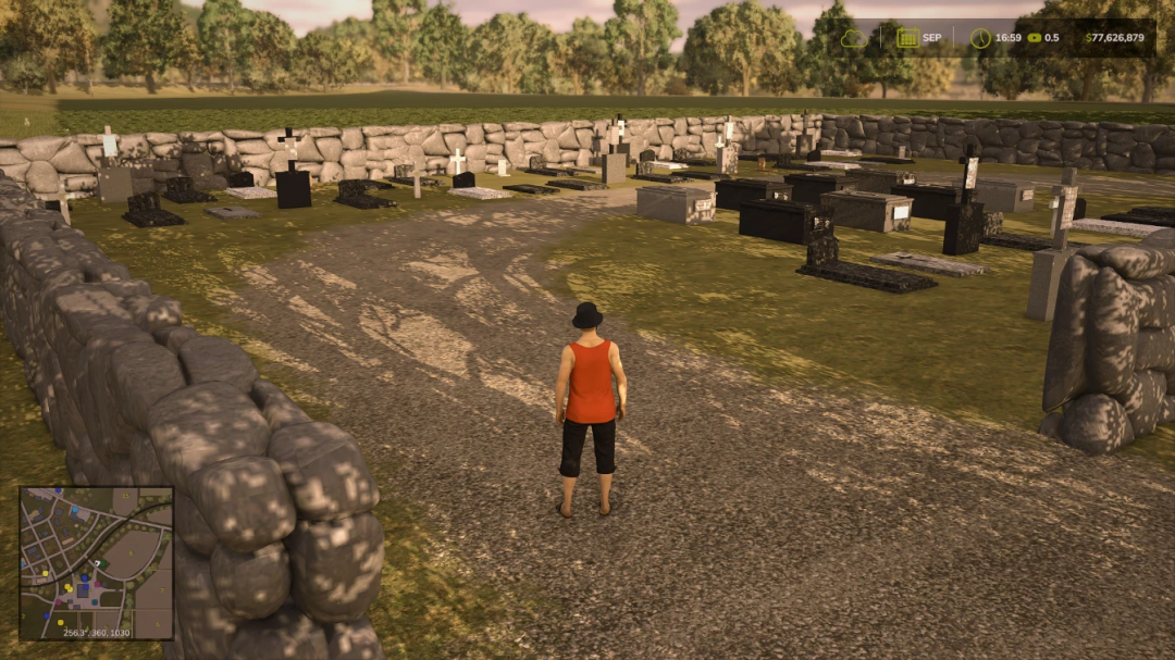 FS25 mod Cemetery v1.0.0.0 showing a virtual graveyard with a character standing on a gravel path surrounded by tombstones.