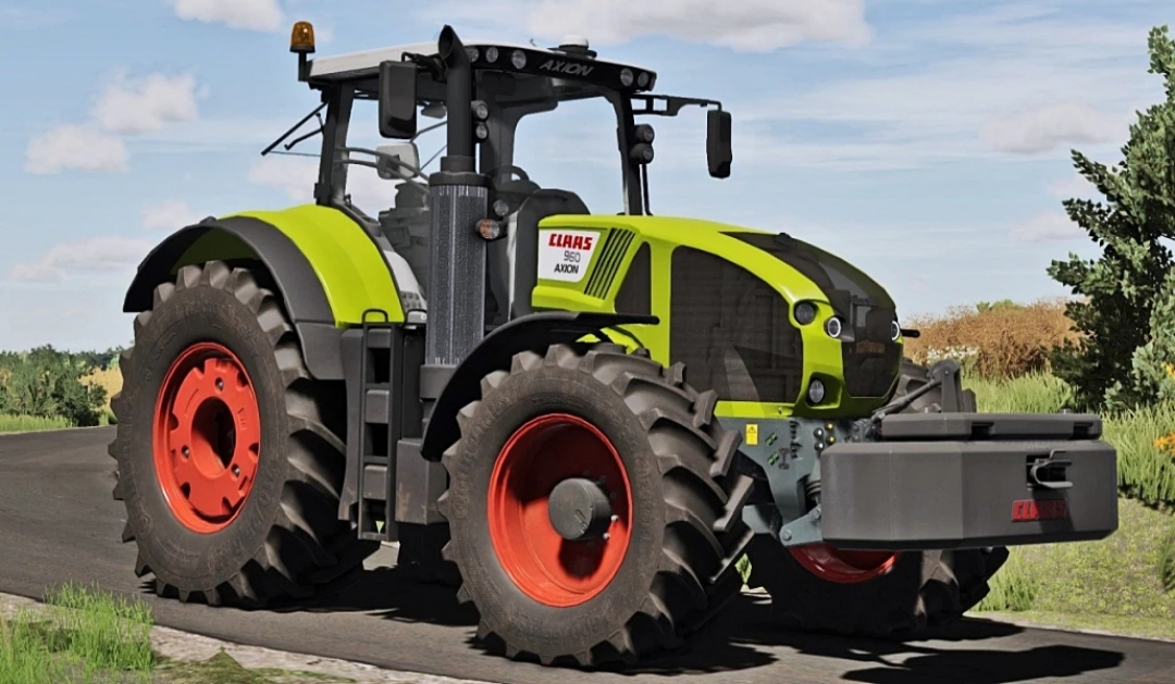 Claas Axion 900 Series tractor mod in FS25 game, showcasing a realistic design on a rural road.