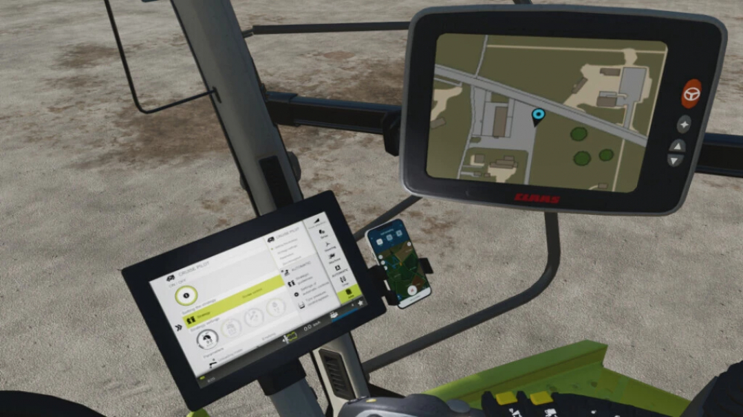 FS22 mods: Vista del cockpit Claas Tucano 550-580 Pack V1.0.0.1 mostrando pantallas de navegación en Farming Simulator 22.