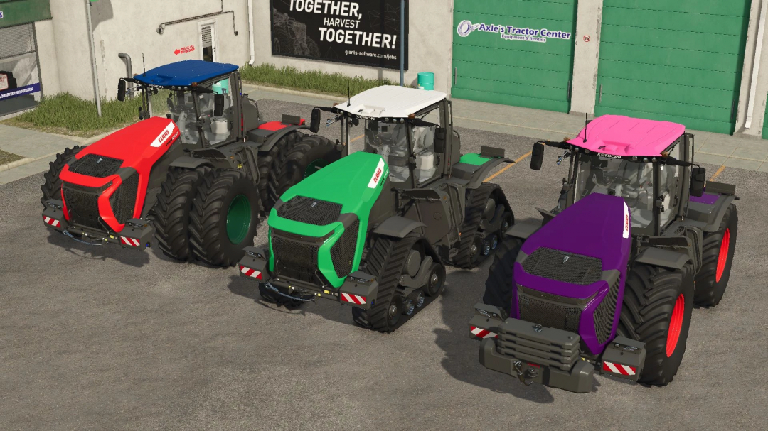 Colorful Claas Xerion 12 tractors in FS25 mod display different designs. Farming Simulator 25 mods showcase customizations.