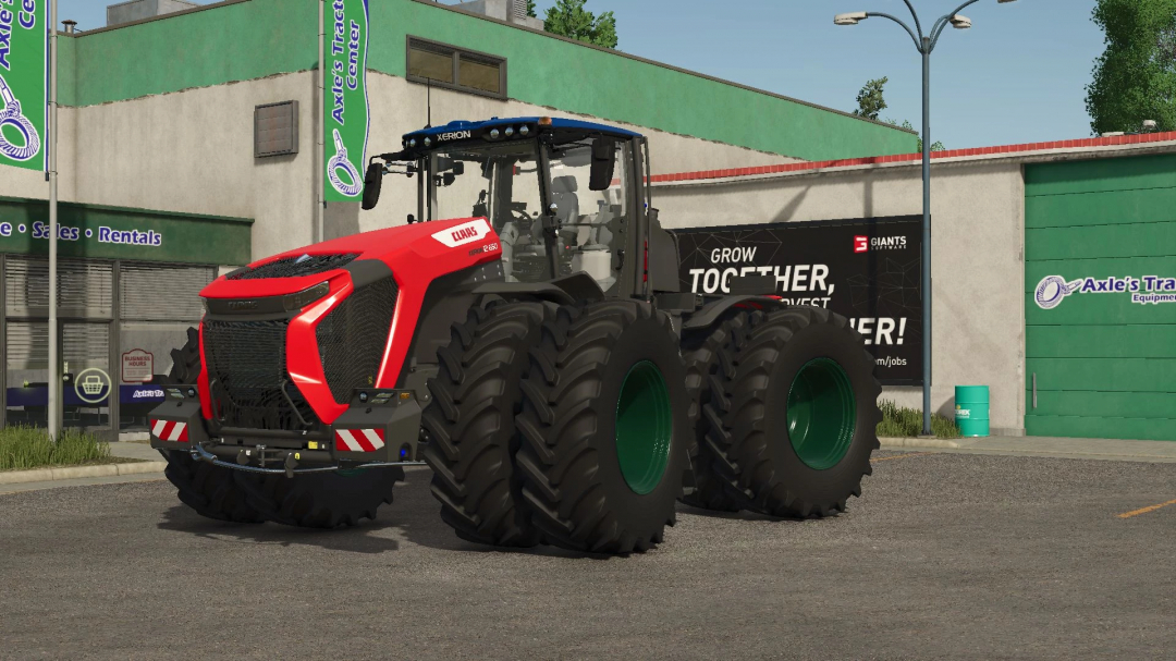 Claas Xerion 12 tractor mod for Farming Simulator 25, featuring dual large tires and a red design in front of a dealership.