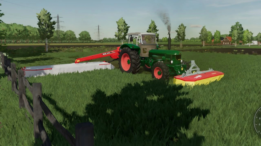 FS22 mod: Deutz-Fahr D9005 v1.2.0.0 tractor mowing grass in a field.