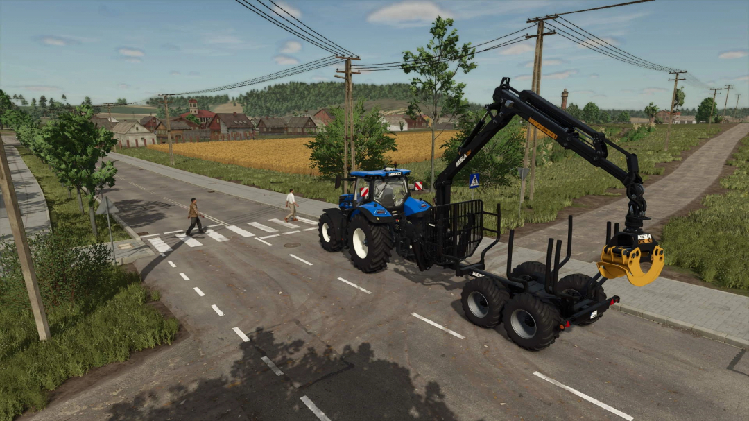 FS25 mod Easy Arm Controls Toggle: blue tractor with arm attachment on rural road.