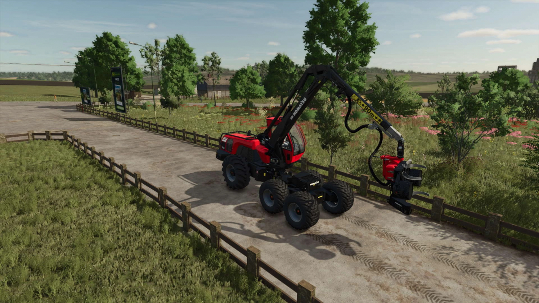 FS25 mod Easy Arm Controls Toggle v1.0.0.0 features a Komatsu forest harvester on a dirt path, enhancing gameplay in Farming Simulator 25.