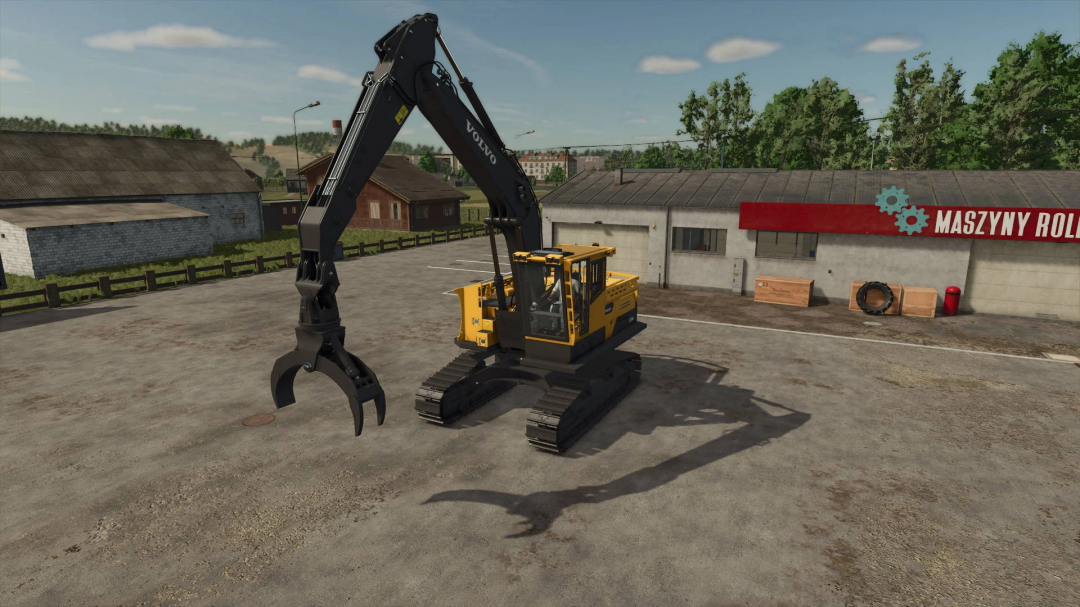 Construction excavator with a grappling arm in Farming Simulator 25, showcasing the Easy Arm Controls Toggle mod.