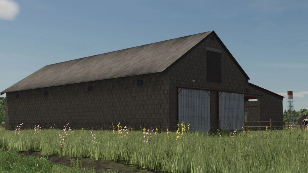 European Style Barn mod for FS25, featuring a rustic barn in a field, enhancing Farming Simulator 25 gameplay.