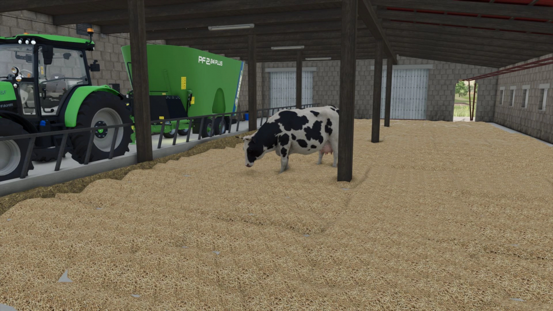 FS25 mod: European Style Barn v1.0.0.0 with a cow and green tractor inside.